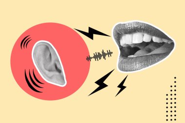 Kırmızı bir çemberin üzerinde kırmızı bir çember üzerinde, kopyalama alanı olan bir kadın ağzı kolajı.