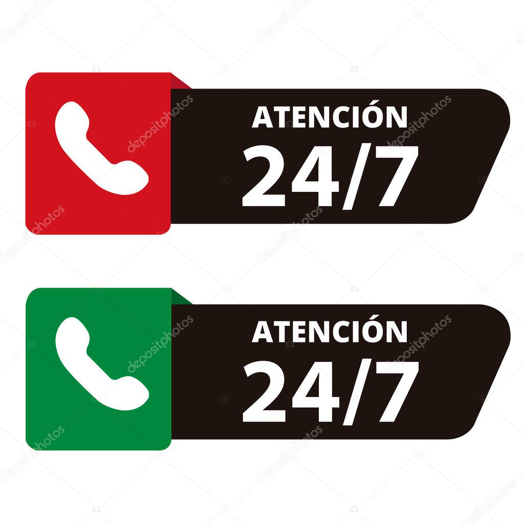 Red and green 24-7 atencion sign on a white background with copy space