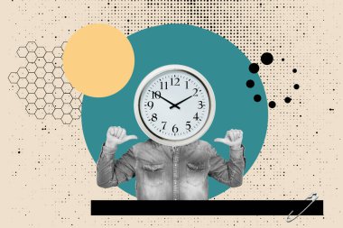 Kafasında saat olan ve parmakları onu işaret eden bir adamın kolajı.