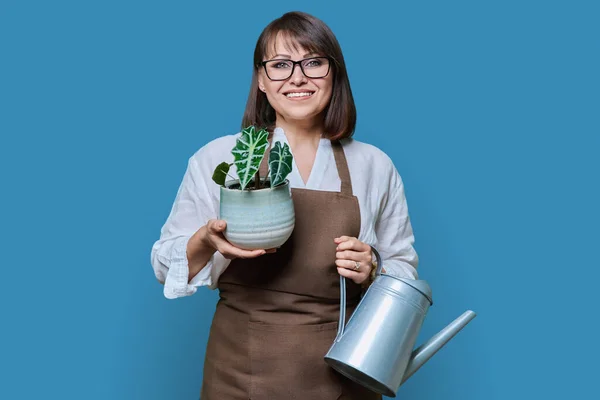 Portrait Femme Professionnelle Tablier Avec Arrosoir Plante Pot Regardant Caméra — Photo