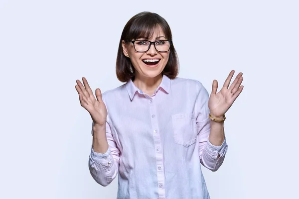 Happy Emotional Middle Aged Woman Looking Camera Light Studio Background — Stock Photo, Image