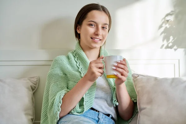 Young Teenage Female Knitted Plaid Warming Hot Tea Mug Looking — Stock Photo, Image