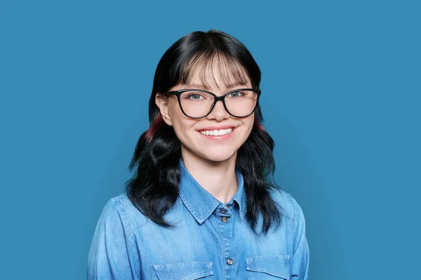 Portrait Happy Smiling Young Female Student Glasses Looking Camera Blue — Stock Photo, Image