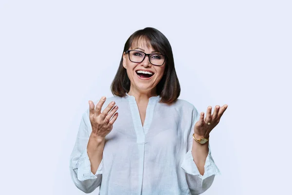 Emotional Happy Mature Woman Looking Camera White Studio Background Laughing — Stock Photo, Image