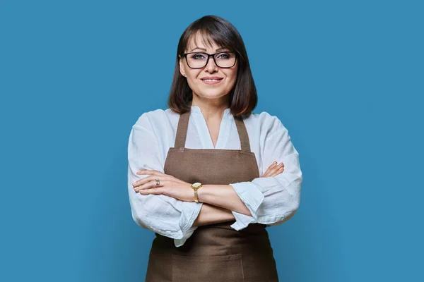 Confident Successful Middle Aged Woman Apron Looking Camera White Studio — Stock Photo, Image