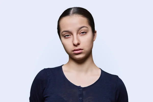 Portrait Sad Unhappy Teenager Girl Looking Camera White Studio Background — Stock Photo, Image