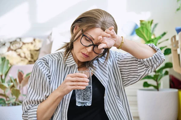 Mature Woman Suffering Headache Home Glass Water Health Stress Depression — ストック写真