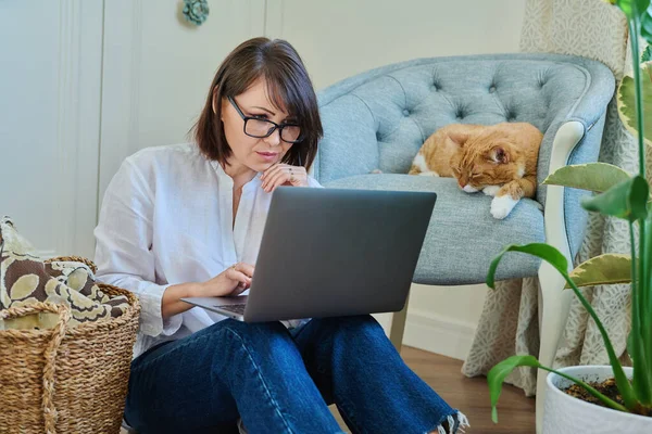 家のアームチェアに寝そべっている猫と一緒にラップトップを使っている中年の女性 レジャーや仕事のためにラップトップを使っている女性 ホームレジャー ライフスタイル ペット 40人の概念 — ストック写真