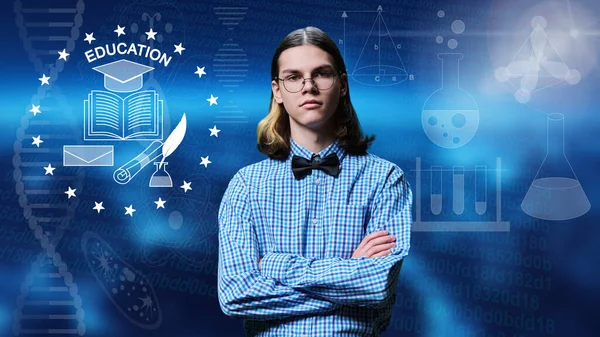 Portrait of teen student guy on glowing digital background with educational signs symbols. Serious young male in glasses in bow tie looking at camera. College university internet technology knowledge