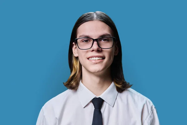 Headshot Portrait Smiling Teenage Guy Years Old Blue Color Studio — 스톡 사진