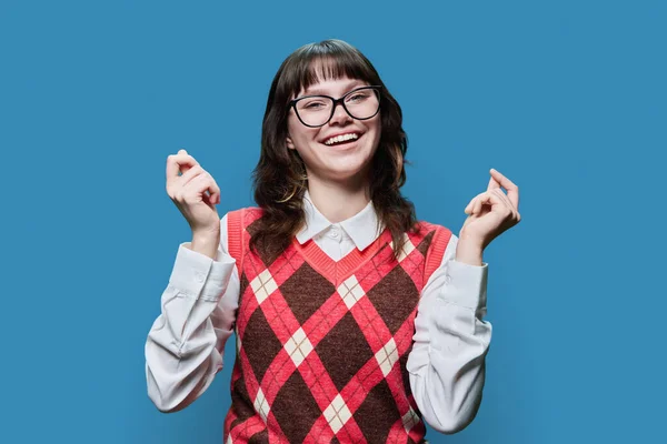 Young Funny Female Student Glasses Having Fun Blue Color Studio — Foto Stock