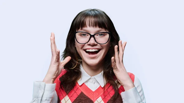 Emotional Joyful Young Female Student Glasses Raised Hands Close Face — Stock Photo, Image