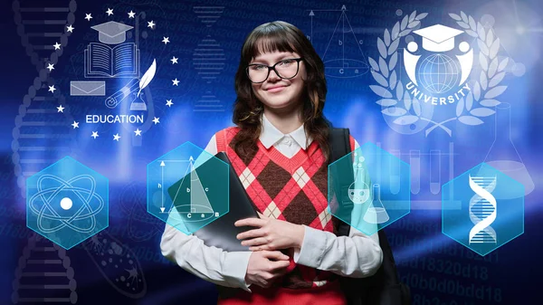 Portrait Teenage Student Girl Luminous Background Symbols Physics Mathematics Chemistry — Zdjęcie stockowe