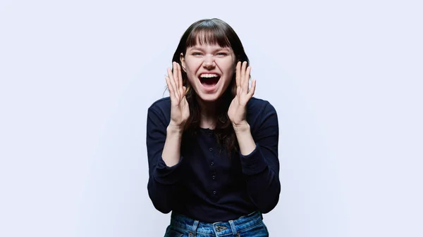 Aggressive Astonished Shocking Young Female Screaming Camera Face Hands White — Fotografia de Stock