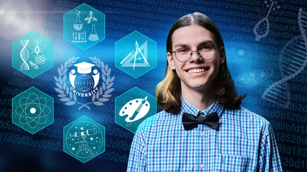 Portrait Teen Student Guy Glowing Digital Background Educational Symbols Biology — Zdjęcie stockowe