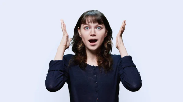 Surprised Shocked Excited Young Female Open Mouth Big Eyes Raised — Stock Photo, Image