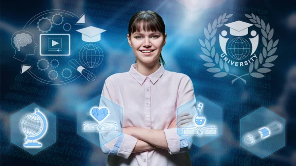 Portrait Teen Student Girl Glowing Digital Background Educational Signs Symbols —  Fotos de Stock