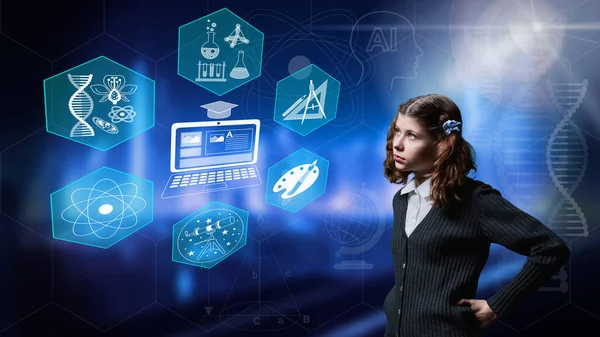 Online courses, training, e-learning, internet, children, modern school education. Attentive serious preteen schoolgirl looking at digital glowing screen display interface with educational icon symbol