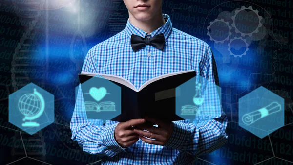 Notebook Hands Student Guy Close Digital Luminous Background Educational Symbols — Zdjęcie stockowe