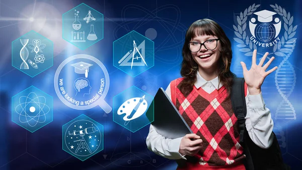 Portrait Teenage Student Girl Luminous Background Symbols Physics Mathematics Chemistry — Zdjęcie stockowe