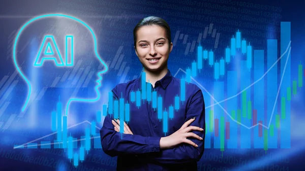 Portrait Young Female Modern Digital Background Signs Artificial Intelligence Graphs —  Fotos de Stock
