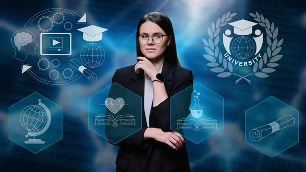 Confident smiling young female looking at camera, adult female student, teacher scientific, education, academic courses online. Background with university symbols digital signs of educational sciences