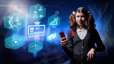 Concept education school courses online learning, children. Preteen girl student with smartphone backpack looking at camera, on glowing background with symbols icons of science, knowledge, creation