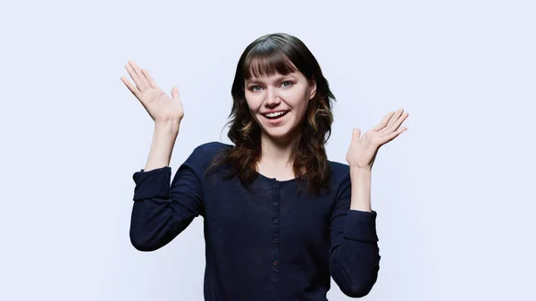 Young Attractive Happy Female Hands Looking Camera Having Fun White — Foto Stock
