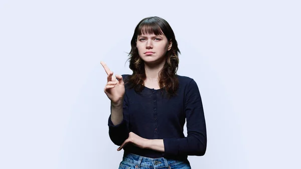 Dissatisfied Young Female Looking Camera White Studio Background Pouting Her — Foto Stock