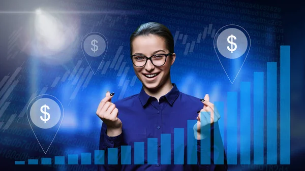 Young female making money gesture, rubbing her fingers, looking at camera with askive expression, on glowing digital background with dollar money symbols and profit charts. Body language, finance