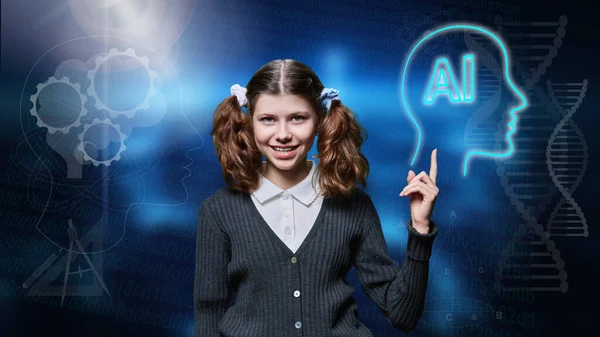 Online courses, artificial intelligence in education, training, e-learning, internet, modern school. Preteen schoolgirl showing hand glowing ai sign icon, on glowing digital background