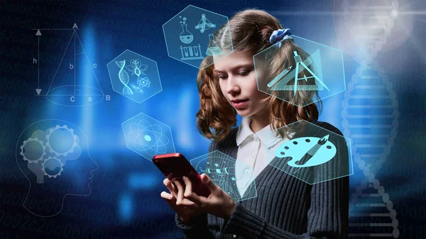 Concept education school courses online learning, children. Preteen girl student using smartphone, on glowing background with symbols icons of science, knowledge, creation biology mathematics physics