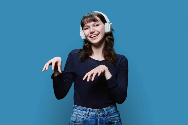 Cheerful Attractive Young Female Headphones Dancing Trendy Dance Blue Color — Stockfoto