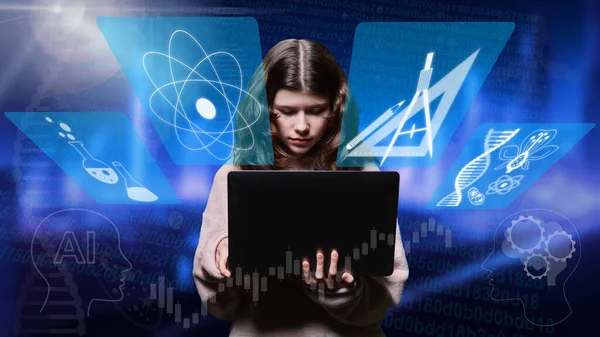 Concept education school courses online learning, children. Preteen girl student using laptop, on glowing background with symbols icons of science, knowledge, chemistry biology mathematics physics
