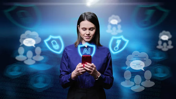 Young woman using ai on smartphone for business work leisure. Artificial intelligence neural networks in personal devices, personal data protection, online chat, cyberspace, digital technology concept