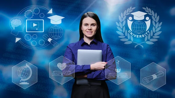 Portrait of adult female university student, young woman teacher on digital background with education icons. Confident smiling female holding laptop. E-education online learning teaching technology