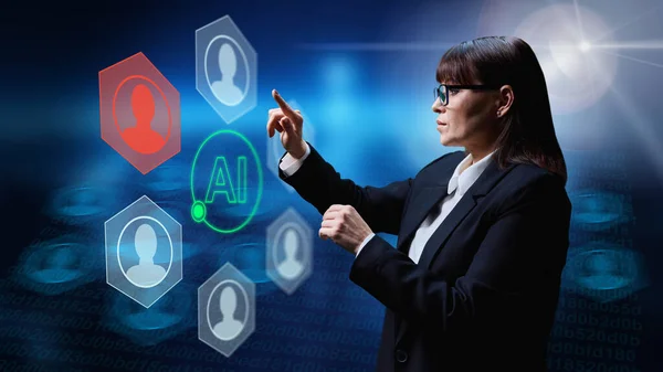 Social groups, personas, contacts use AI for communications. Business woman touching virtual screen with contacts, artificial intelligence, digital internet technology, chatting, innovation, service