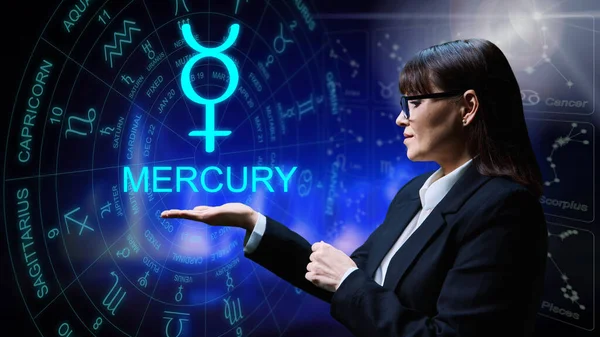 Astrological Forecast Meaning Influence Planet Mercury Serious Woman Starry Background — Stock Photo, Image