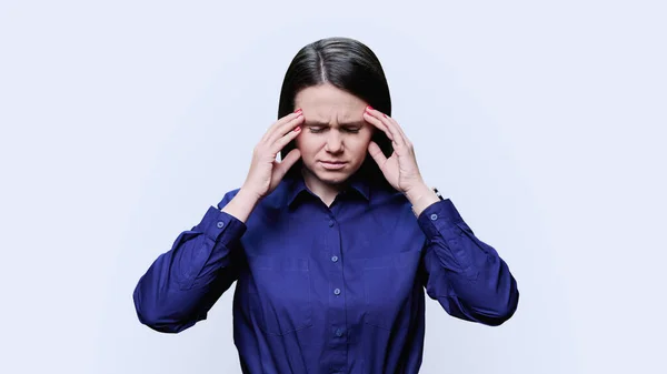 Young Woman Suffering Stress Headache White Studio Background Stressed Frustrated — Zdjęcie stockowe