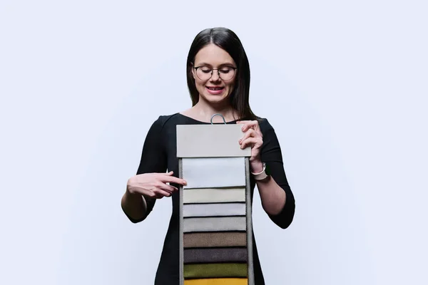 Young Woman Designer Decorator Showing Hanger Color Palette Decorative Fabrics — стоковое фото