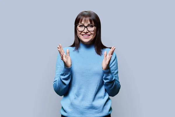 Portrait Positive Mature Woman Glasses Dressed Blue Jumper Light Gray — Stock Photo, Image