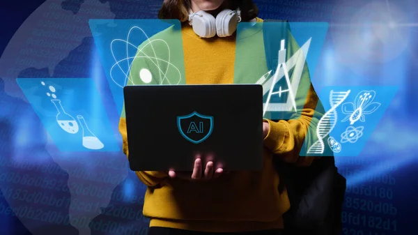 Студент Використовує Ноутбук Штучний Інтелект Навчання Сучасні Технології Онлайн Сервіси — стокове фото