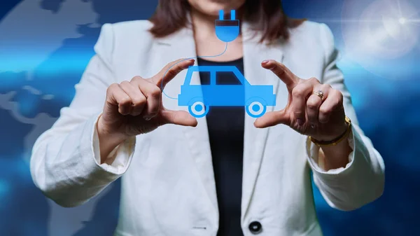 Electric Car Sign Woman Hands Technology Green Energy Transport Concept — Stock Photo, Image