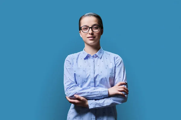 Portrait Confident Teenage High School Student Girl Blue Background Serious — Stock Photo, Image