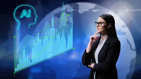 Ung Affärskvinna Som Använder Artificiell Intelligens Strategi Affärsfinansiering Investering Virtuella — Stockfoto