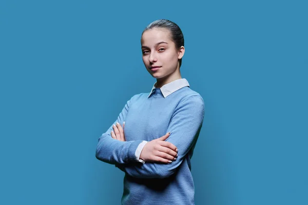 Portrait Cute Happy High School Student Girl Blue Studio Background — Stock Photo, Image