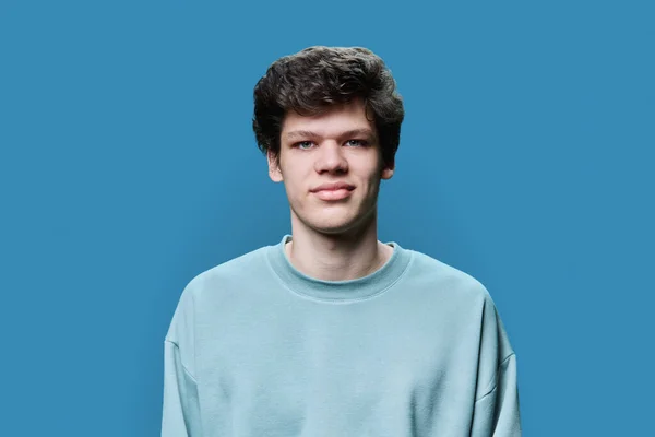 20岁身穿休闲运动衫 背景为蓝色的年轻男性头像 一个英俊的家伙 卷发看着相机 生活方式 青年概念 — 图库照片