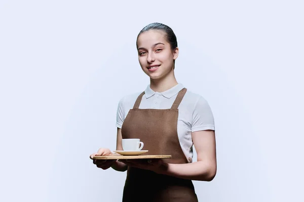 Young Teenage Student Female Waitress Apron Holding Tray Cup Coffee — Stock Photo, Image