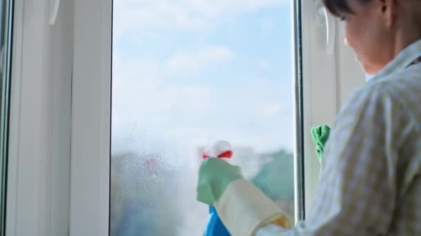 Kobieta Czyści Okna Domu Sprayem Ściereczką Mikrofibry Sprzątanie Domu Prace — Wideo stockowe