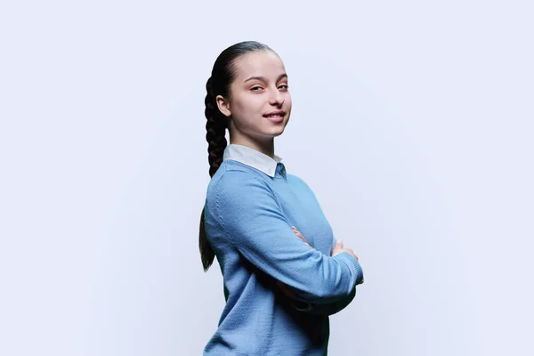 Portrait Cute High School Student Girl Blue White Studio Background — Stock Photo, Image